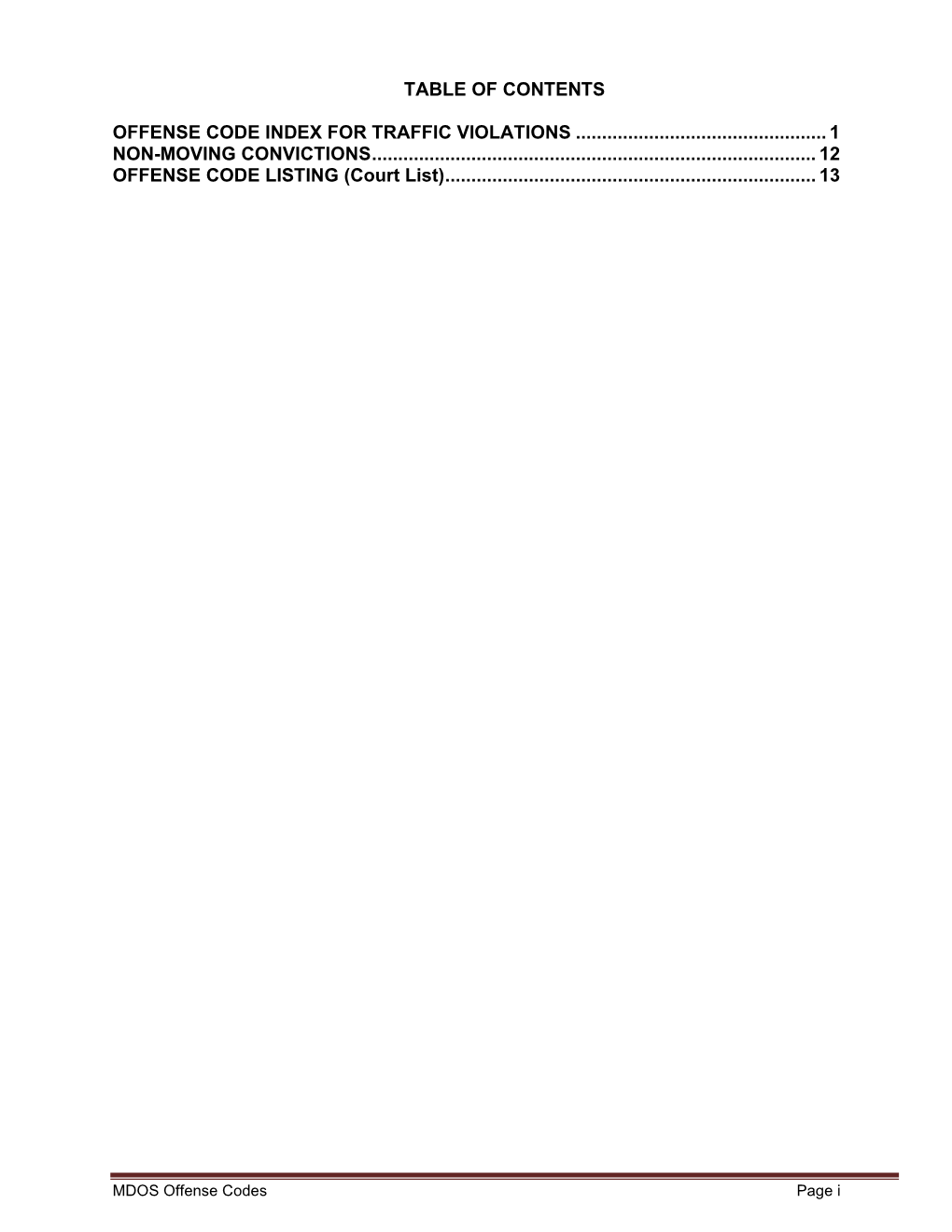 Offense Code Index for Traffic Violations