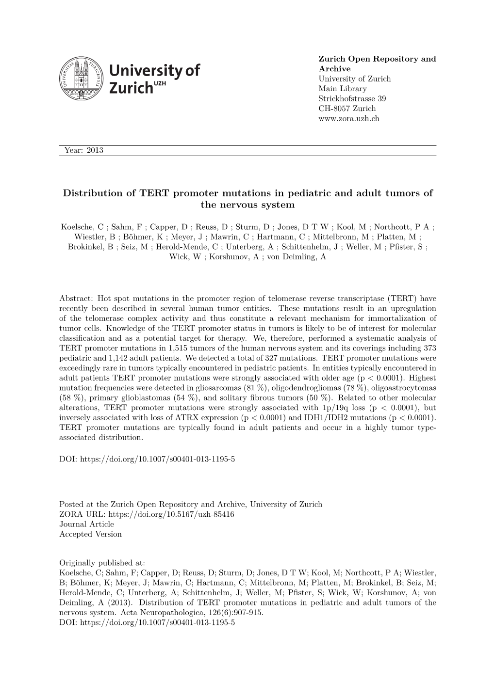 Koelsche Et Al., Page 1 Distribution of TERT Promoter Mutations In