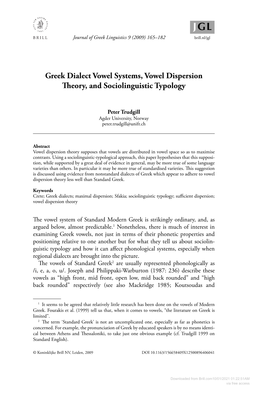 Greek Dialect Vowel Systems, Vowel Dispersion Theory, And