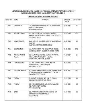 List of Eligible Candidates Called for Personal Interview for the Position of Casual Labourers in Lok Sabha Sectt. (Advt. No. 3