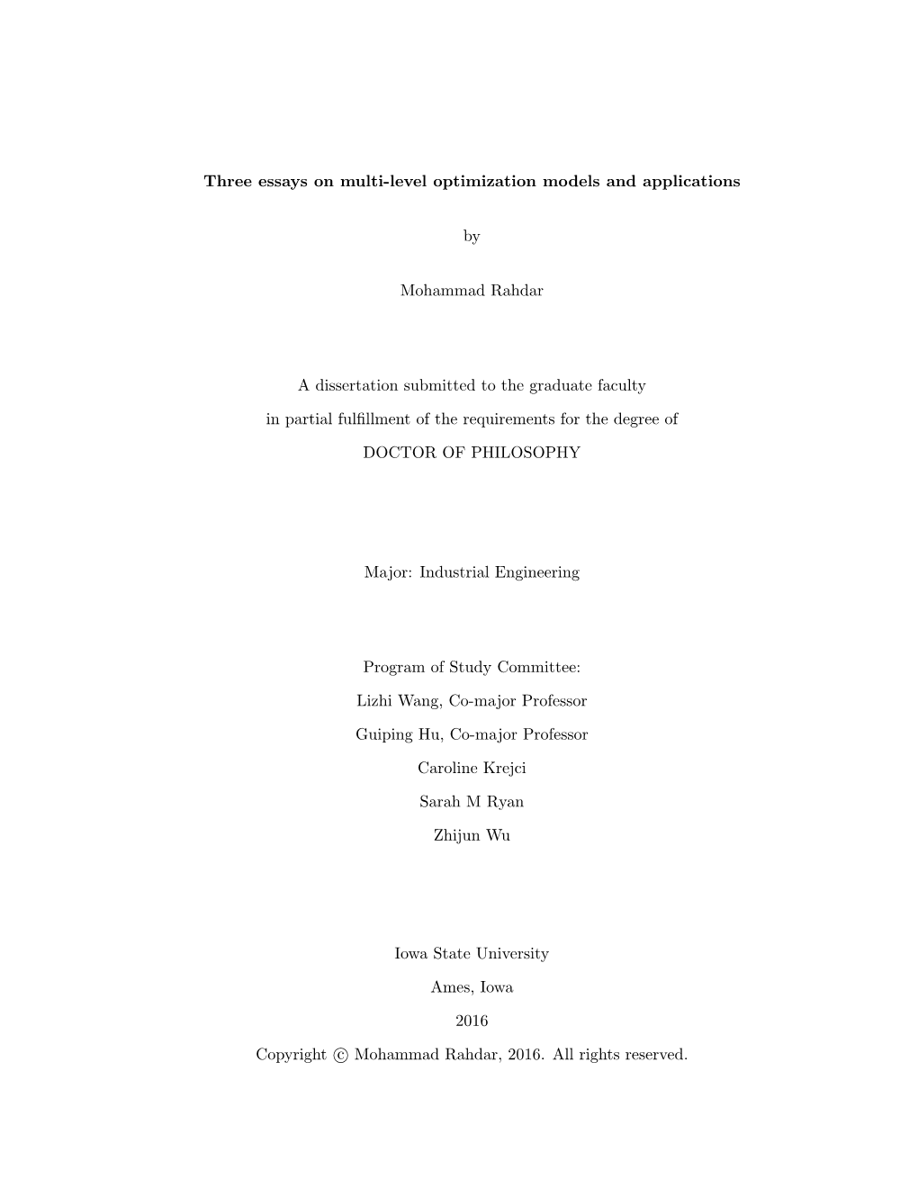 Three Essays on Multi-Level Optimization Models and Applications