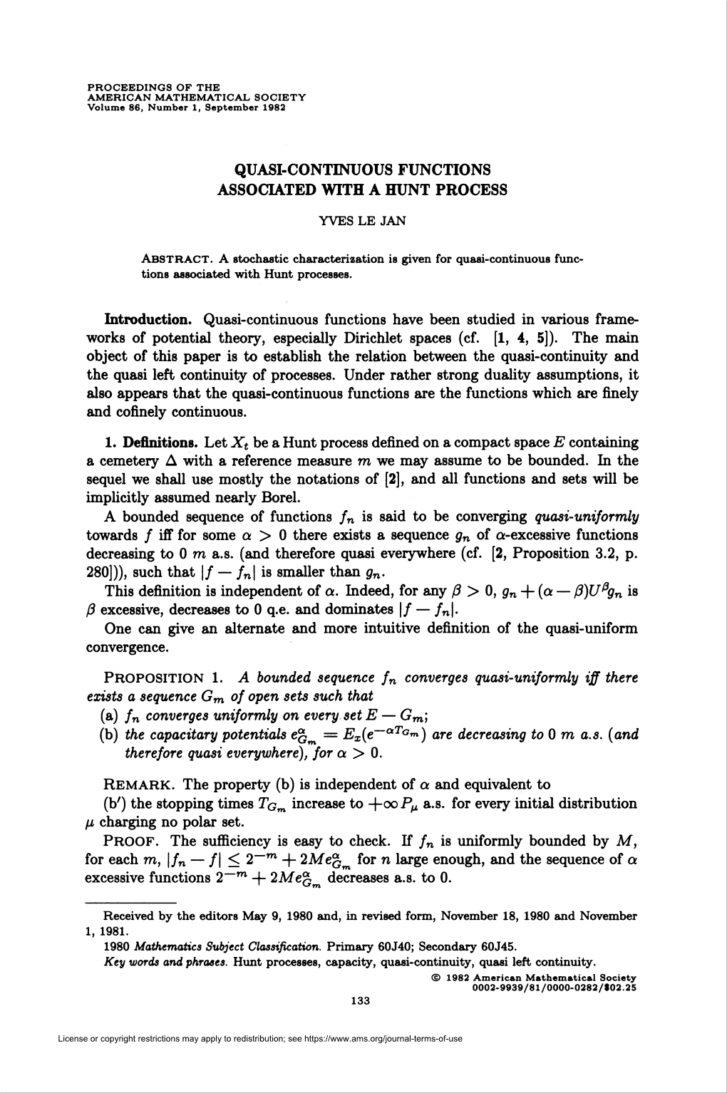 Quasi-Continuous Functions Associated with a Hunt Process