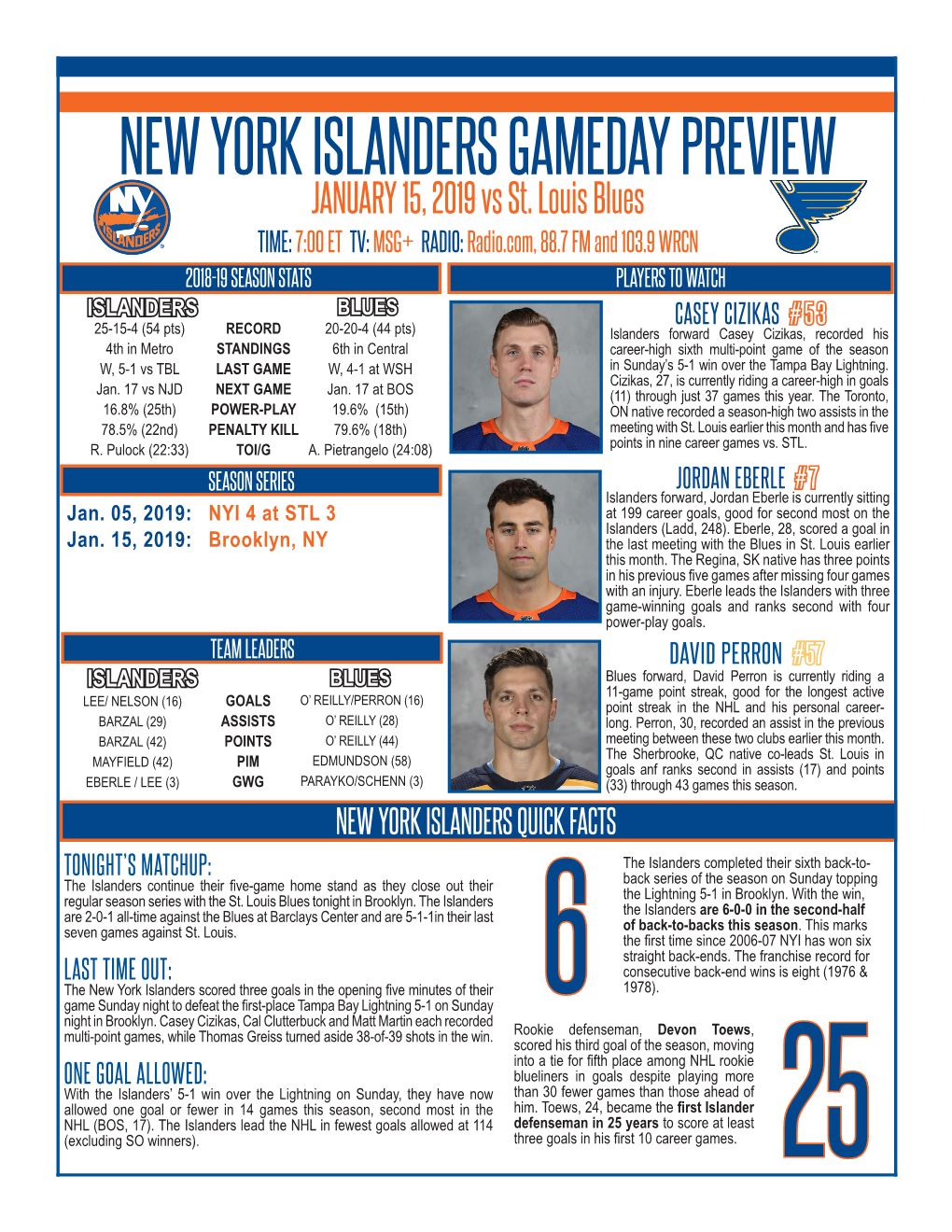 NEW YORK ISLANDERS GAMEDAY PREVIEW JANUARY 15, 2019 Vs St