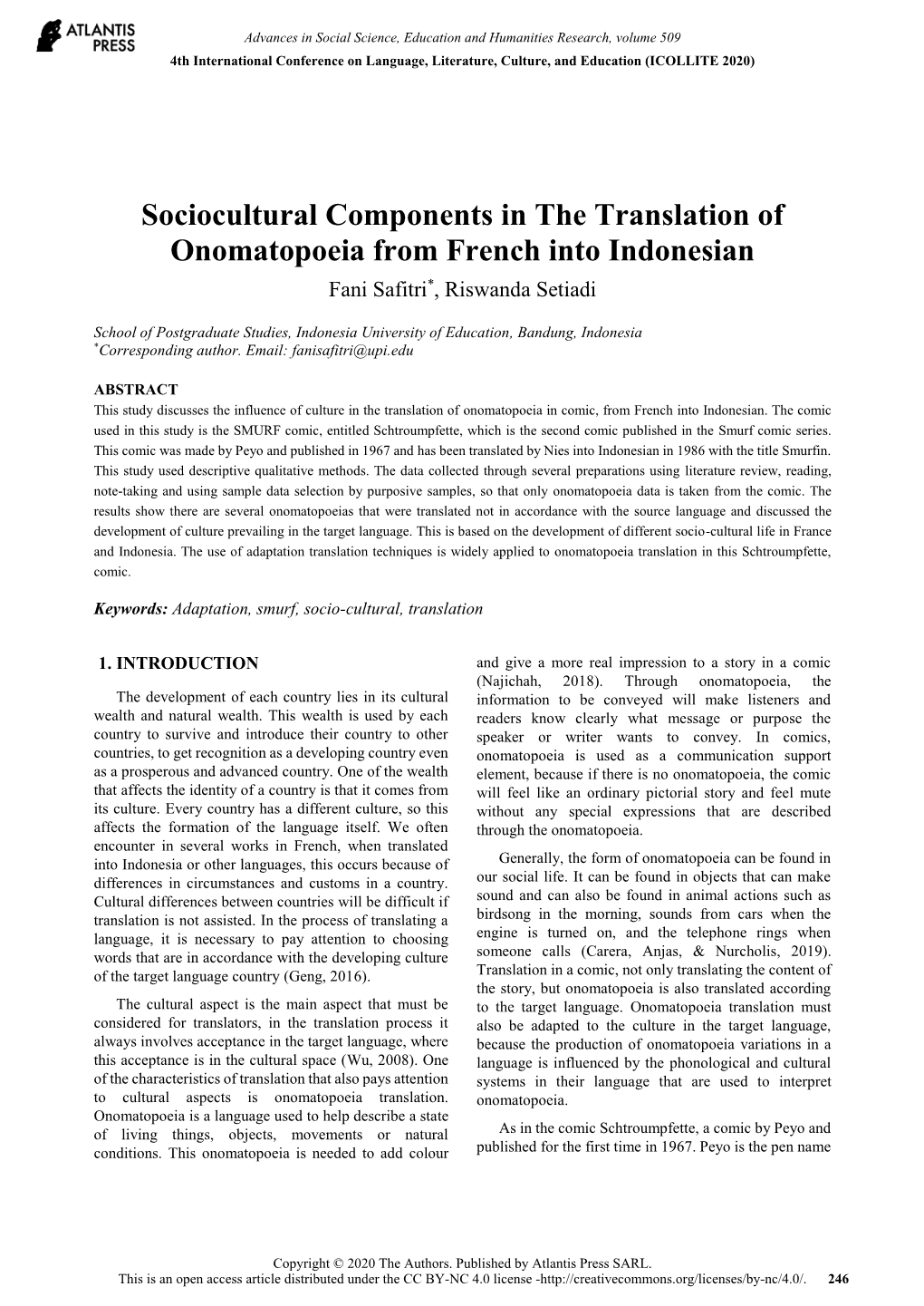 Sociocultural Components in the Translation of Onomatopoeia from French Into Indonesian Fani Safitri*, Riswanda Setiadi