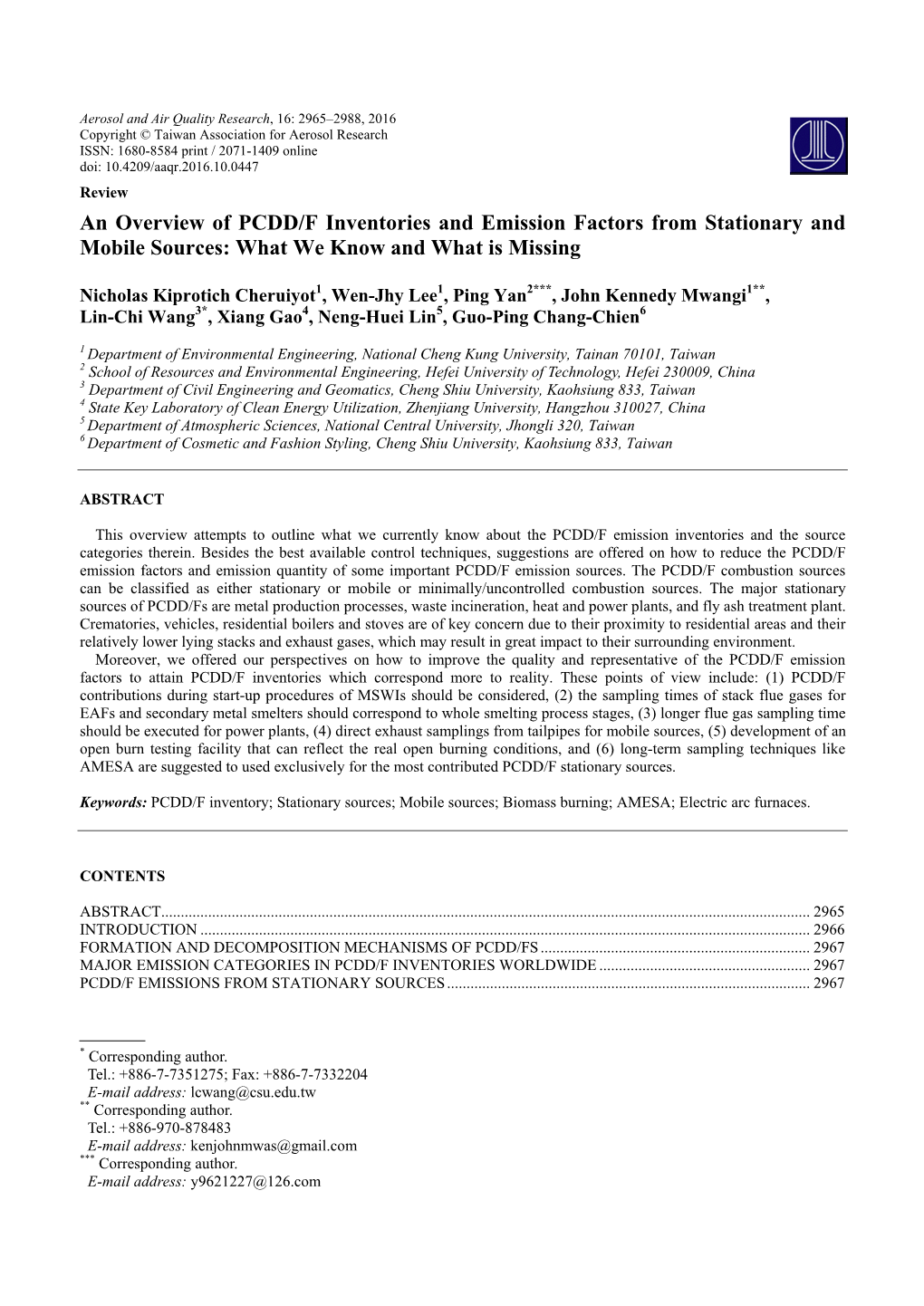 An Overview of PCDD/F Inventories and Emission Factors from Stationary and Mobile Sources: What We Know and What Is Missing