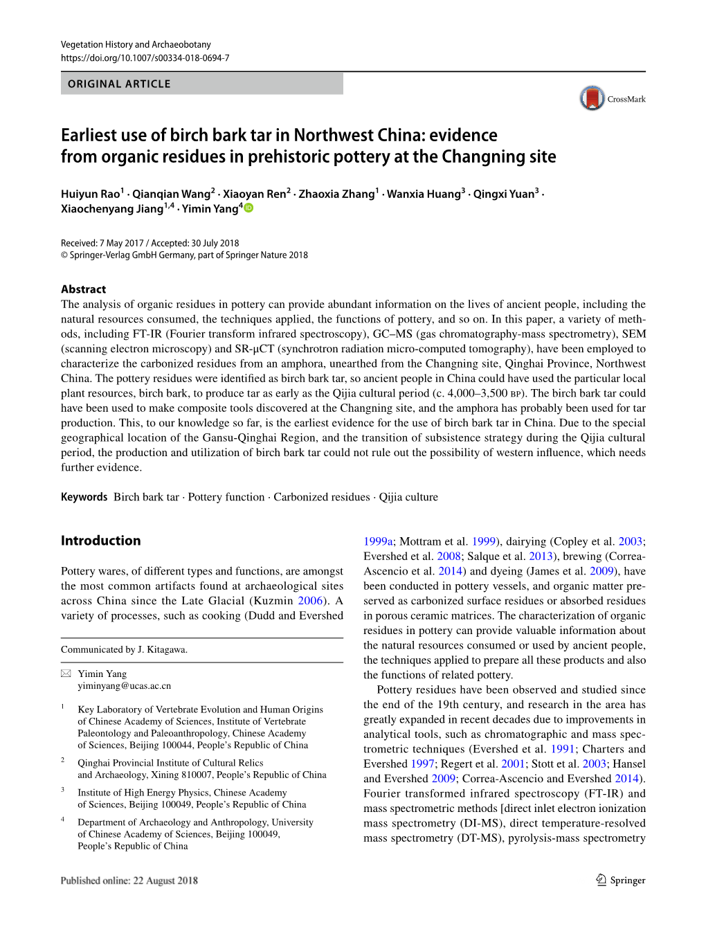 Earliest Use of Birch Bark Tar in Northwest China: Evidence from Organic Residues in Prehistoric Pottery at the Changning Site