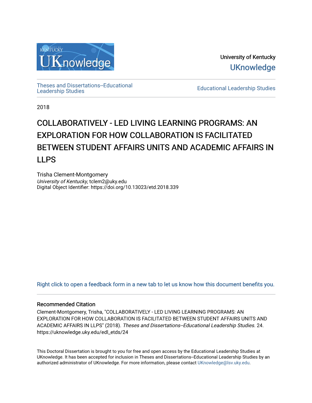 Collaboratively - Led Living Learning Programs: an Exploration for How Collaboration Is Facilitated Between Student Affairs Units and Academic Affairs in Llps
