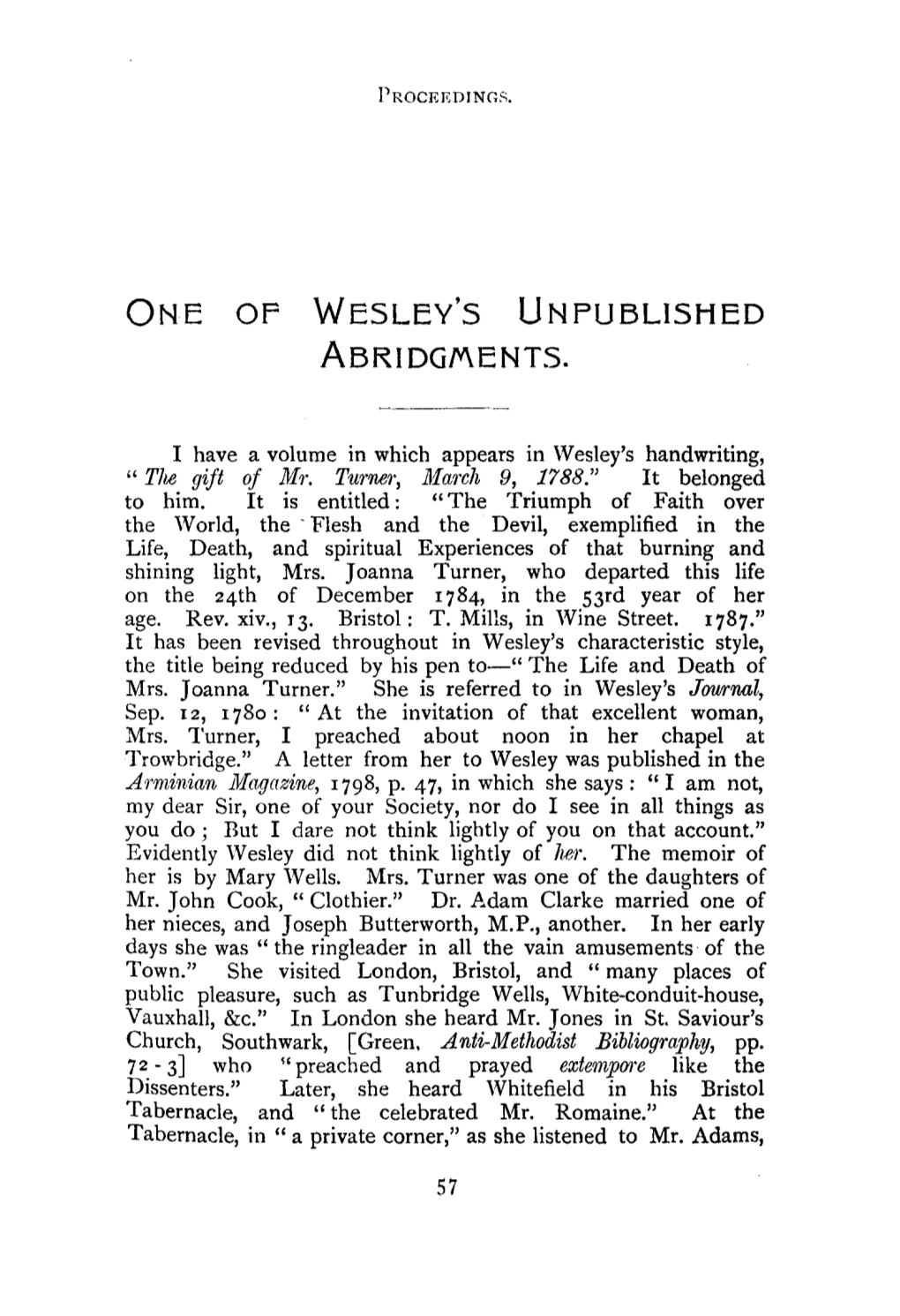 ONE of WESLEY's UNPUBLISHED ABRIDGMENTS