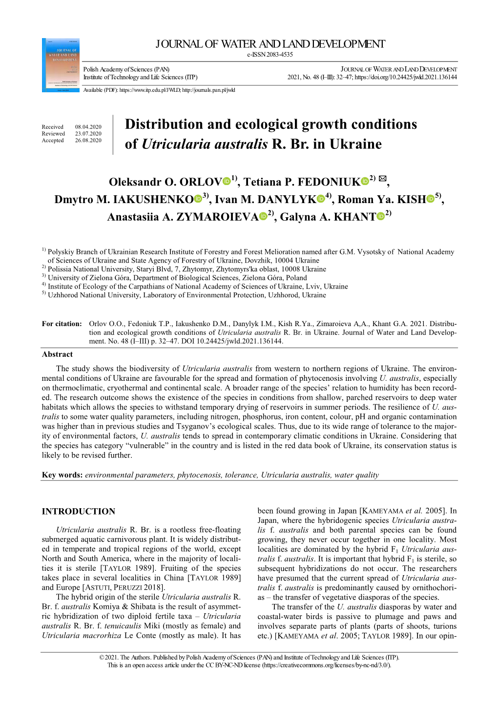 Distribution and Ecological Growth Conditions of Utricularia Australis R