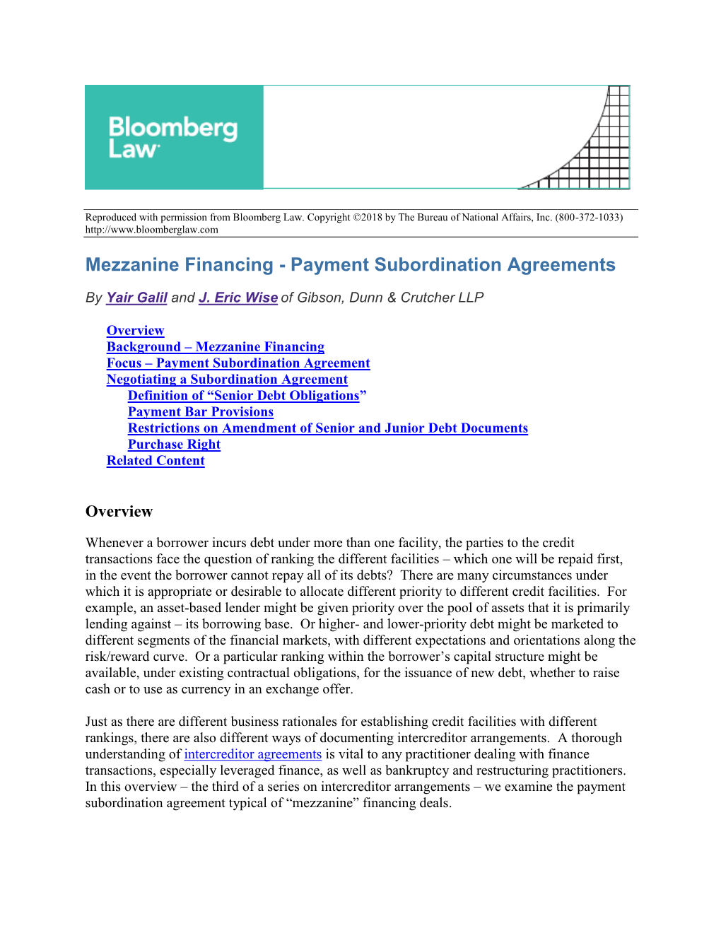 Mezzanine Financing - Payment Subordination Agreements