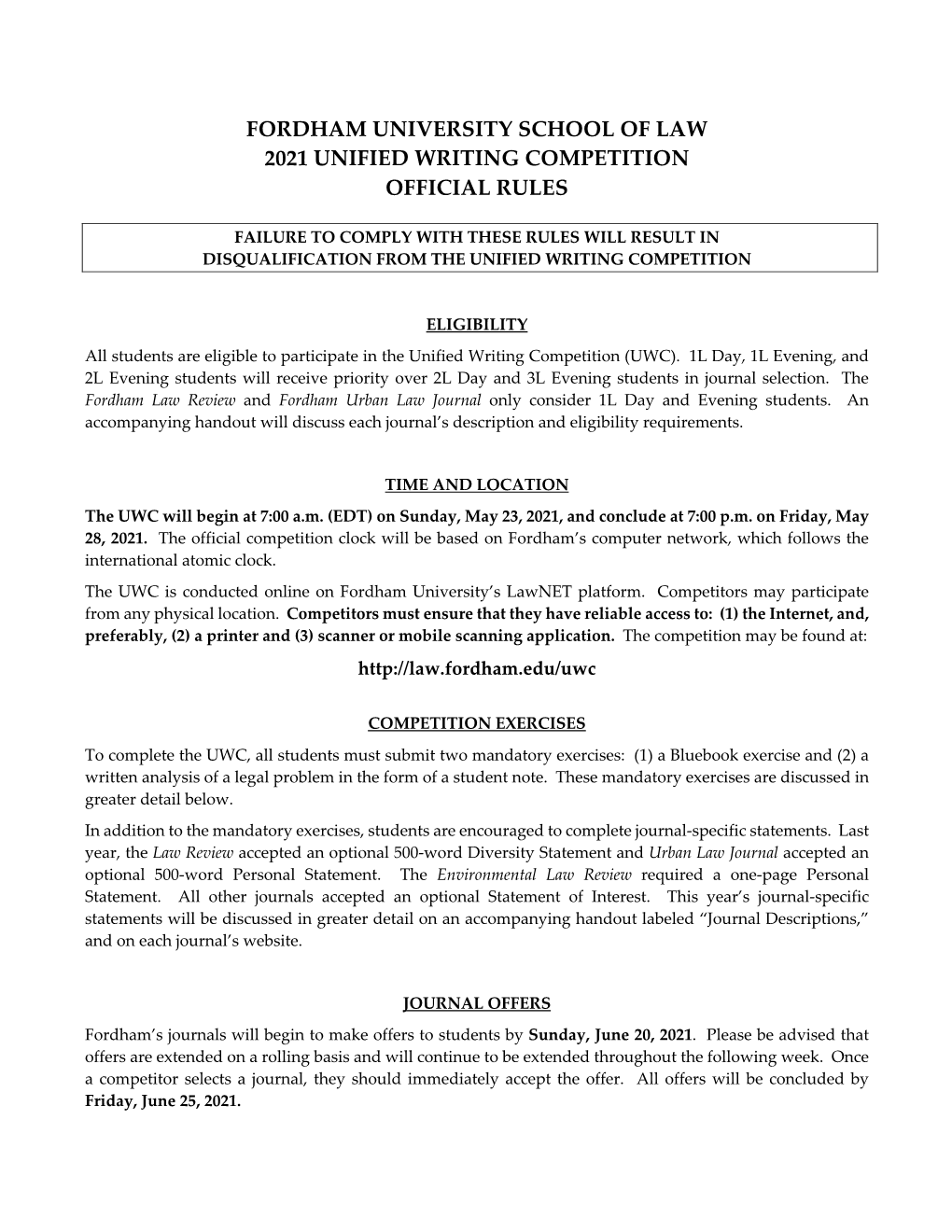 Fordham University School of Law 2021 Unified Writing Competition Official Rules
