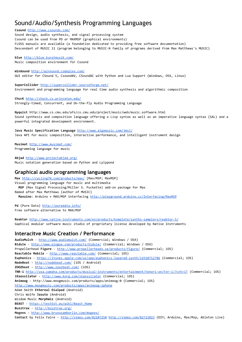 Sound/Audio/Synthesis Programming Languages