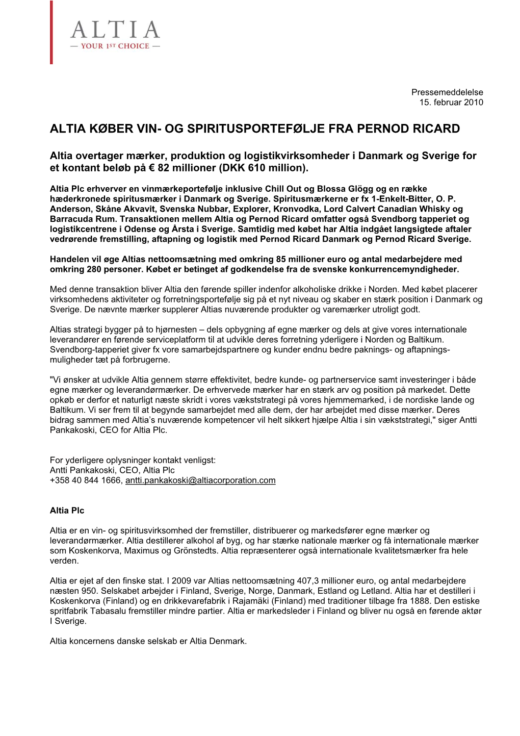 Altia Køber Vin- Og Spiritusportefølje Fra Pernod Ricard