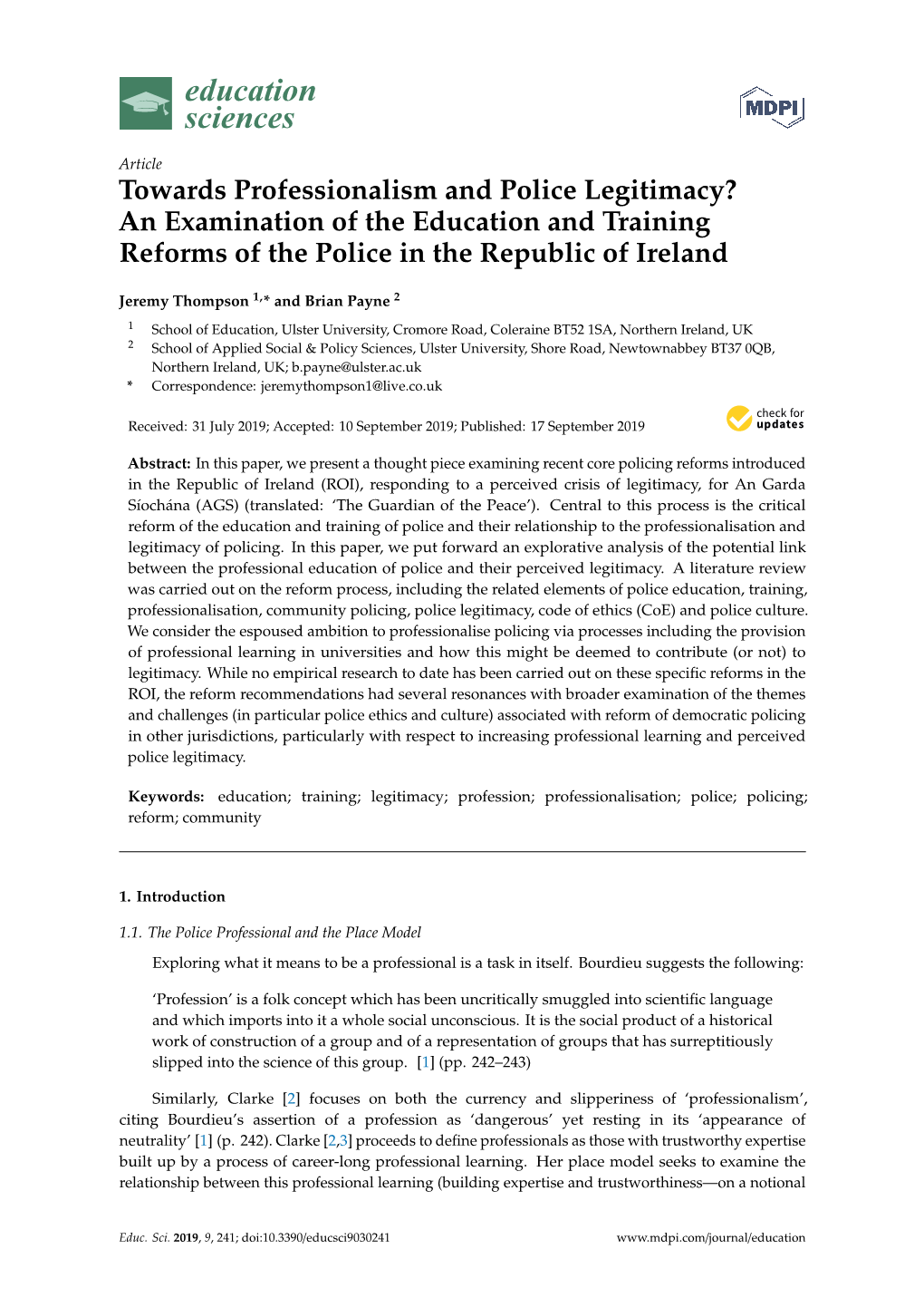 Towards Professionalism and Police Legitimacy? an Examination of the Education and Training Reforms of the Police in the Republic of Ireland