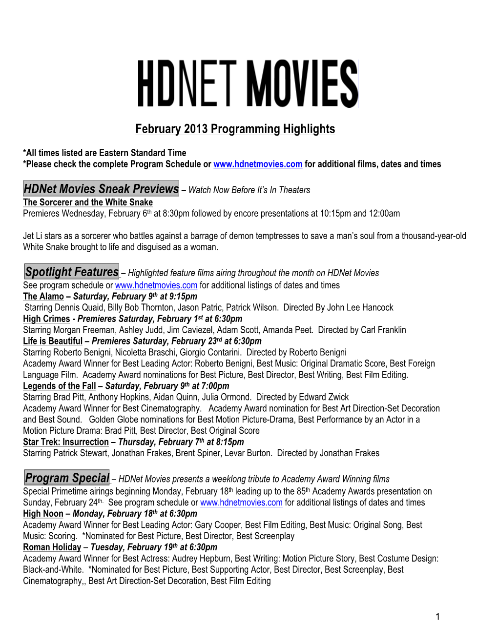 Hdnet Movies February 2013 Program Highlights