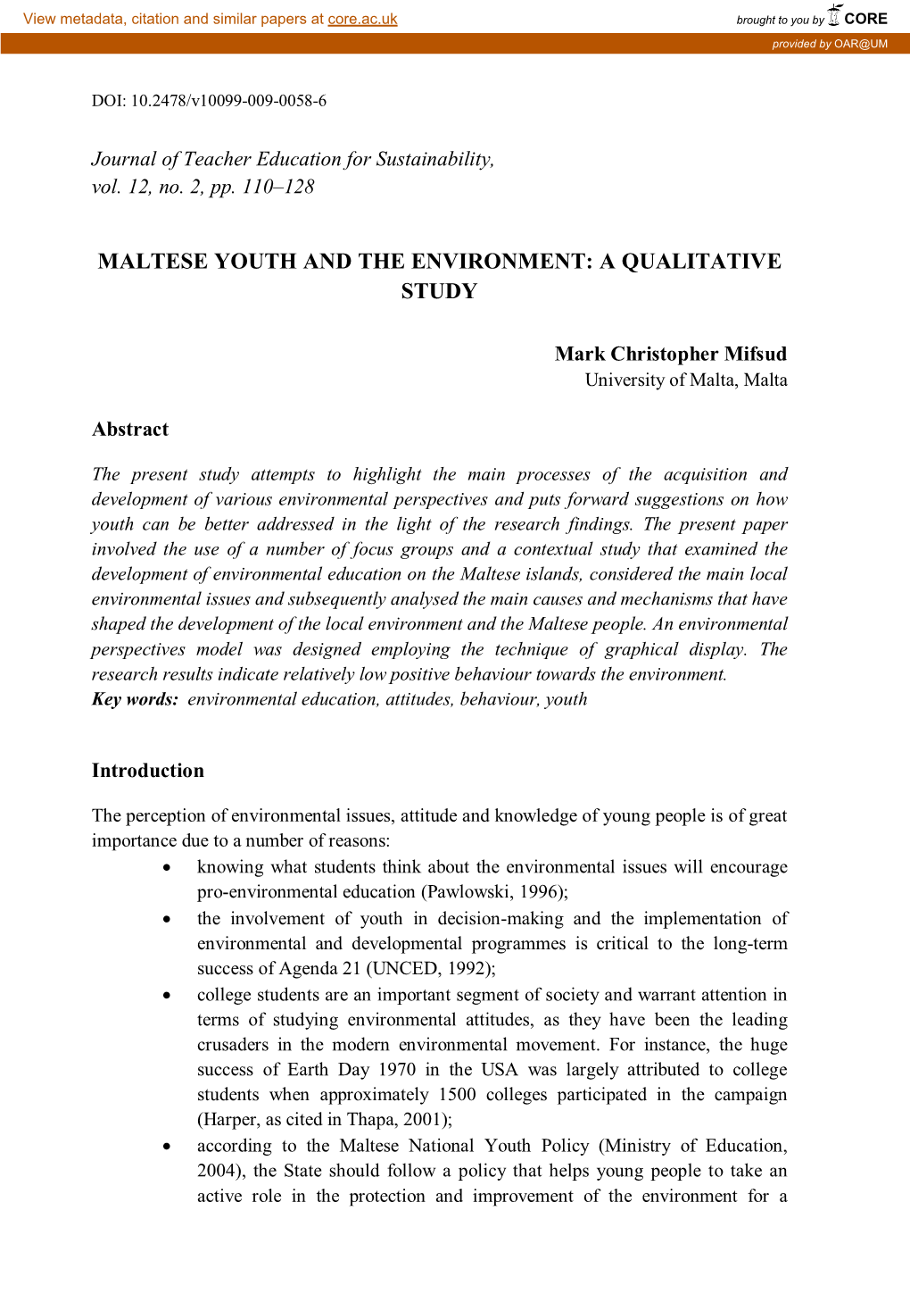 Maltese Youth and the Environment: a Qualitative Study