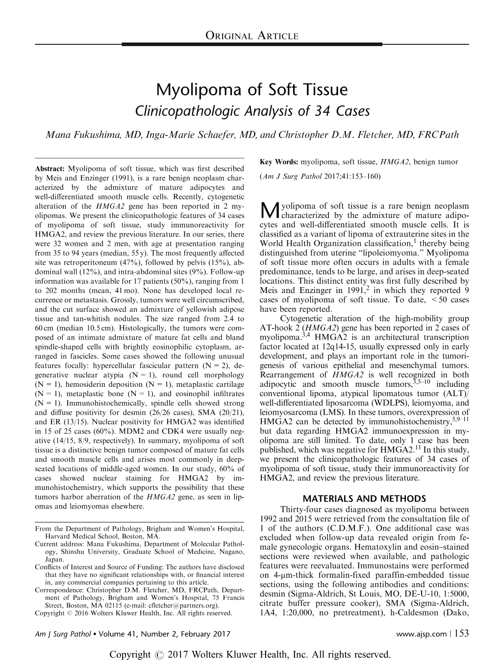 Myolipoma of Soft Tissue Clinicopathologic Analysis of 34 Cases