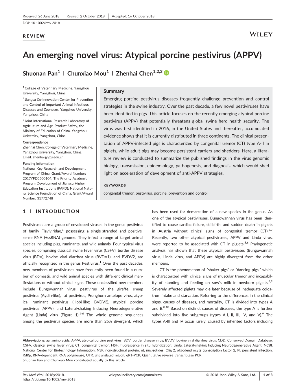 An Emerging Novel Virus: Atypical Porcine Pestivirus (APPV)