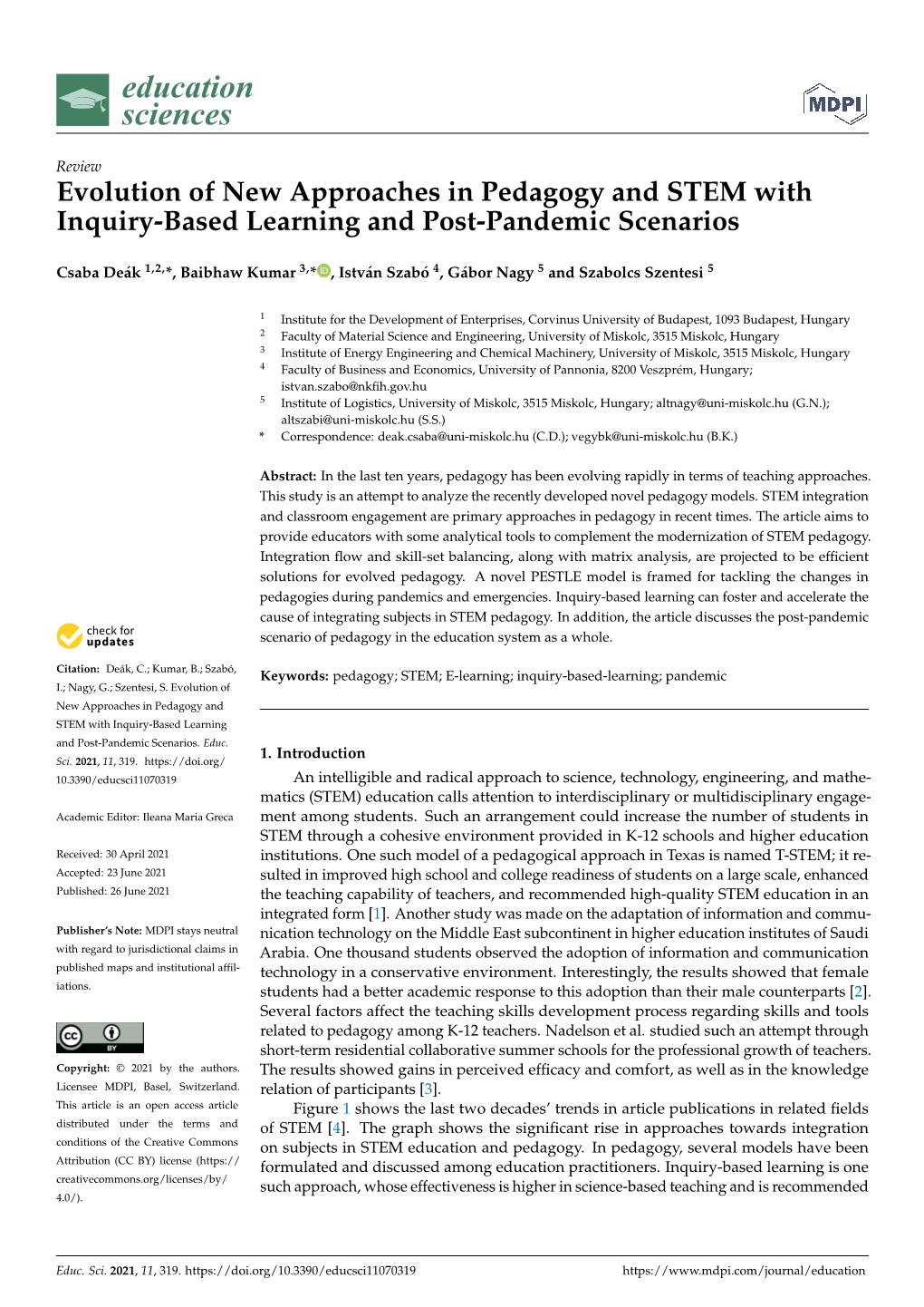 Evolution of New Approaches in Pedagogy and STEM with Inquiry-Based Learning and Post-Pandemic Scenarios