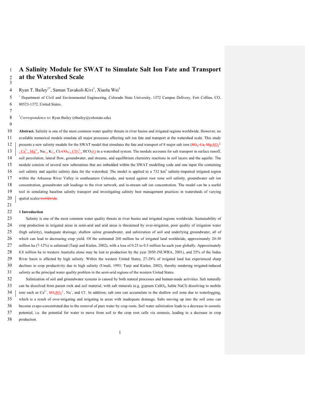 A Salinity Module for SWAT to Simulate Salt Ion Fate and Transport at the Watershed Scale