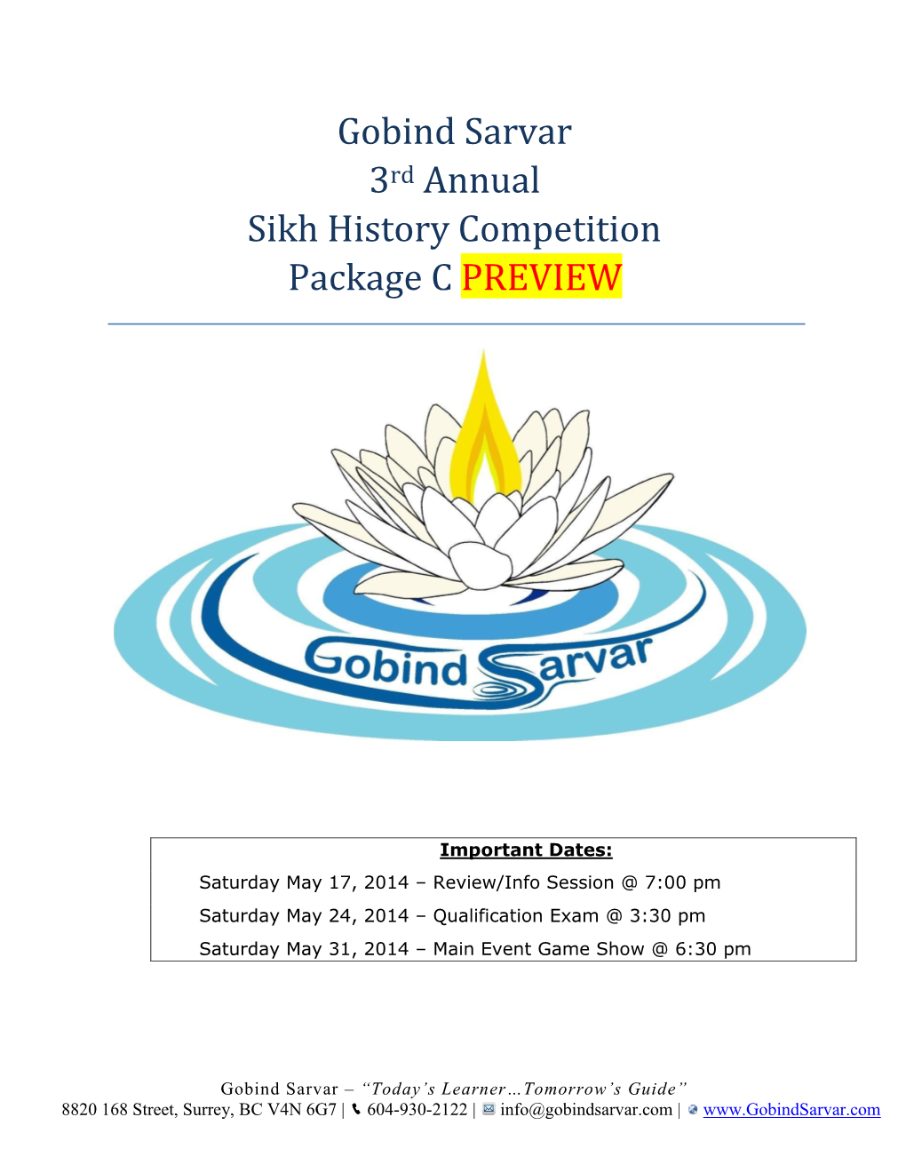 Gobind Sarvar 3Rd Annual Sikh History Competition Package C