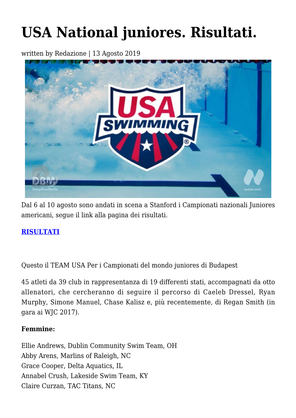 USA National Juniores. Risultati. Written by Redazione | 13 Agosto 2019