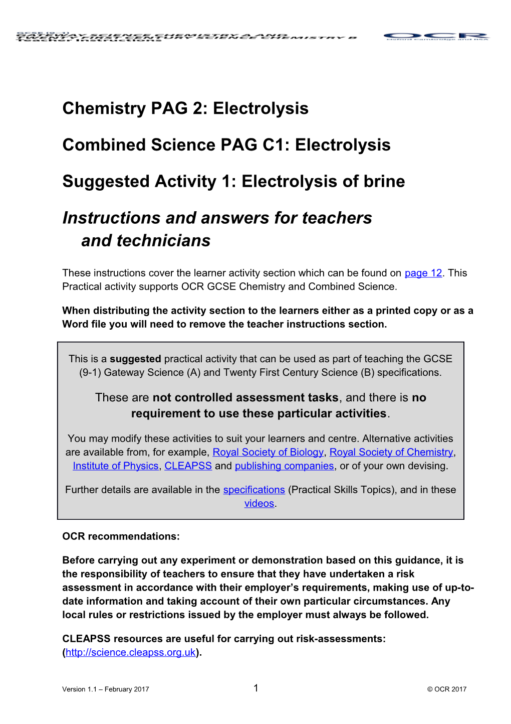 OCR GCSE Twenty First Century Science Chemistry a and B PAG 2:Electroloysis