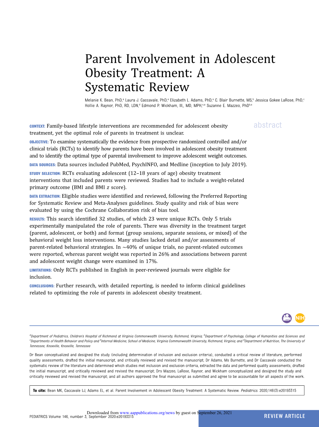 Parent Involvement in Adolescent Obesity Treatment: a Systematic Review Melanie K