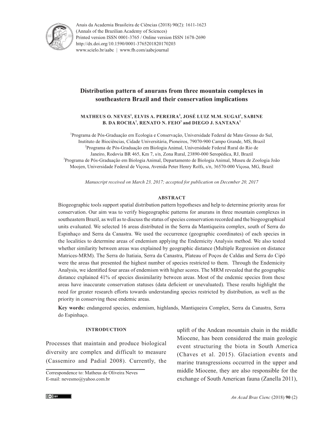 Distribution Pattern of Anurans from Three Mountain Complexes in Southeastern Brazil and Their Conservation Implications