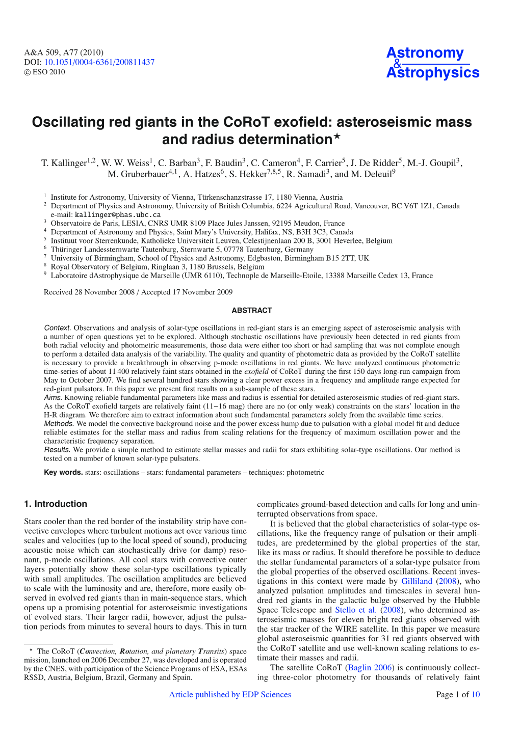 Oscillating Red Giants in the Corot Exofield: Asteroseismic Mass and Radius Determination*