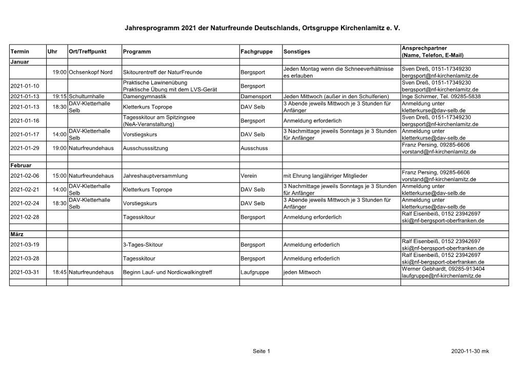 Jahresprogramm 2021 Der Naturfreunde Deutschlands, Ortsgruppe Kirchenlamitz E