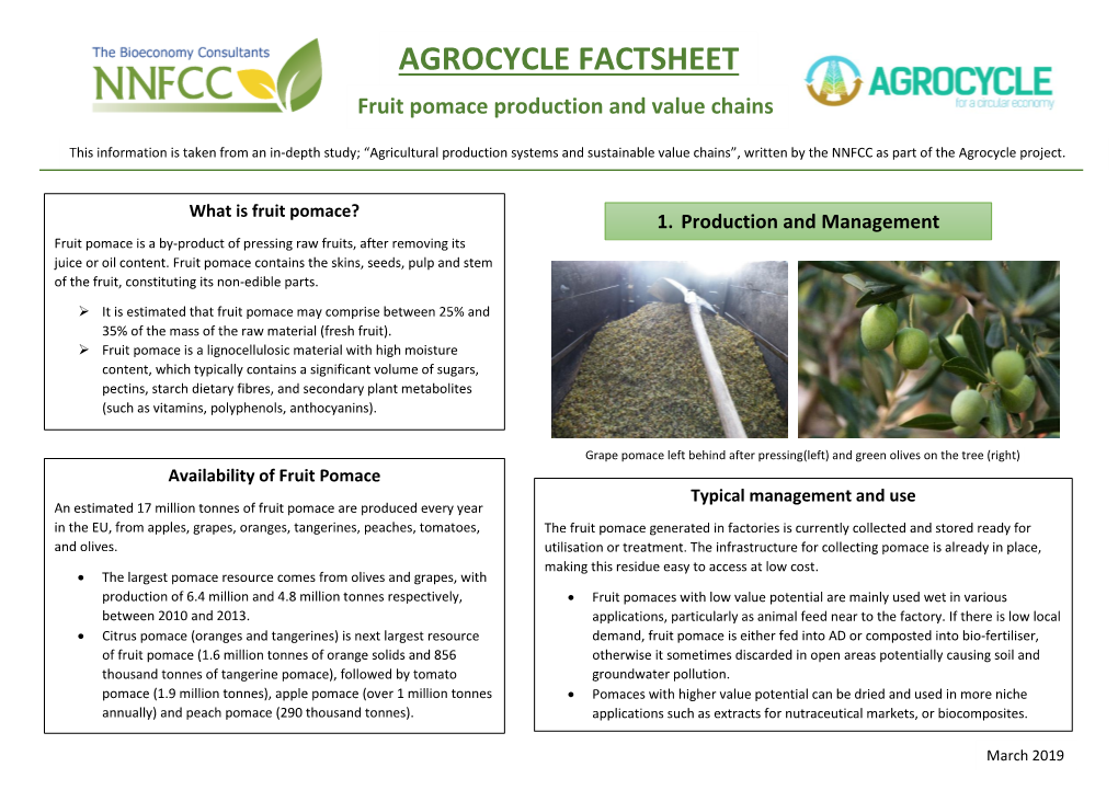 AGROCYCLE FACTSHEET Fruit Pomace Production and Value Chains