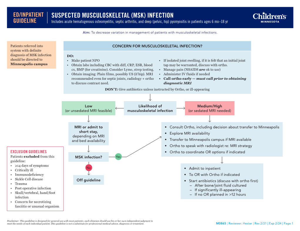 MUSCULOSKELETAL (MSK) INFECTION GUIDELINE Includes Acute Hematogenous Osteomyelitis, Septic Arthritis, and Deep (Pelvic, Hip) Pyomyositis in Patients Ages 6 Mo–18 Yr