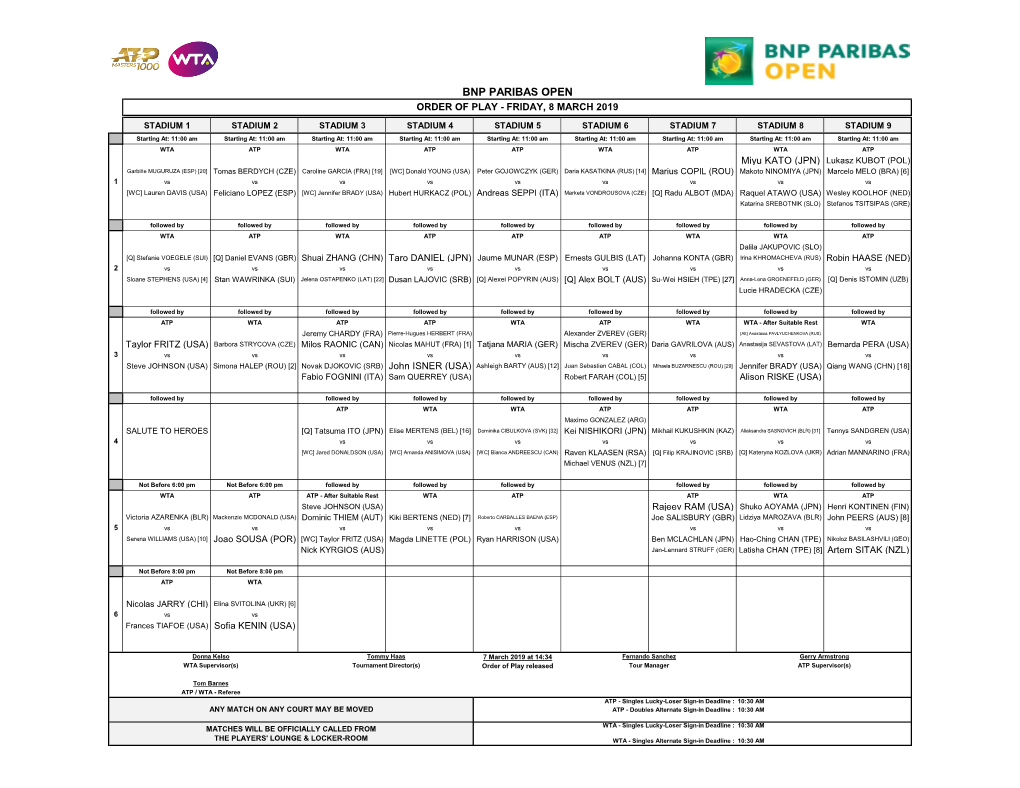 Bnp Paribas Open Order of Play - Friday, 8 March 2019