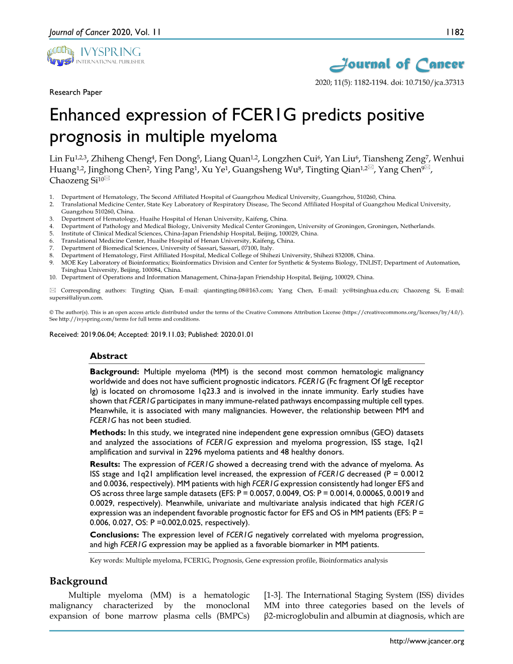 Enhanced Expression of FCER1G Predicts Positive Prognosis In