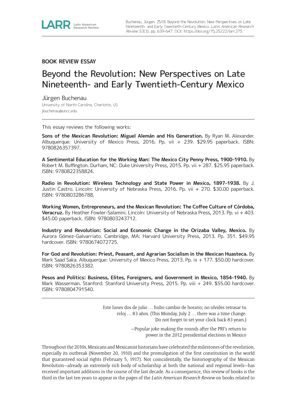Beyond the Revolution: New Perspectives on Late Nineteenth- and Early Twentieth-Century Mexico