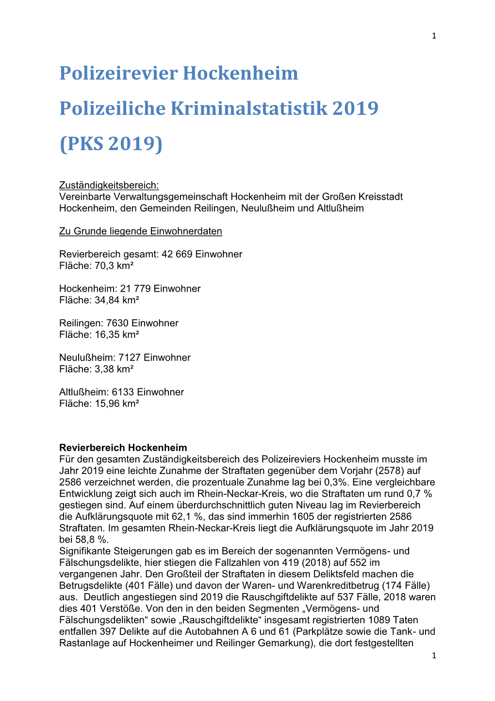 Polizeirevier Hockenheim Polizeiliche Kriminalstatistik 2019 (PKS 2019)