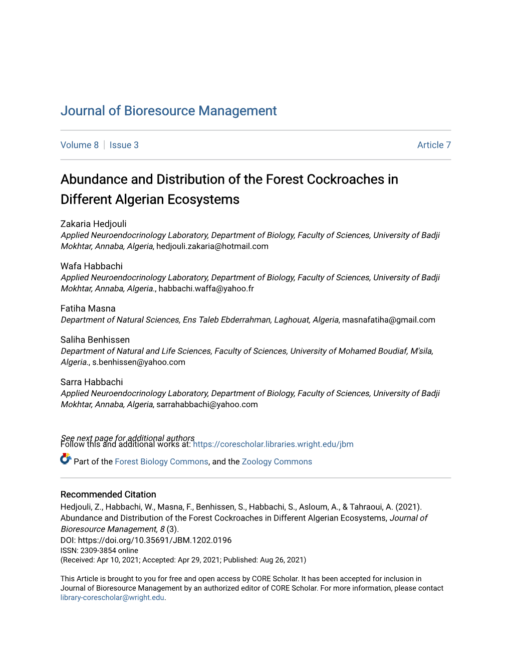 Abundance and Distribution of the Forest Cockroaches in Different Algerian Ecosystems