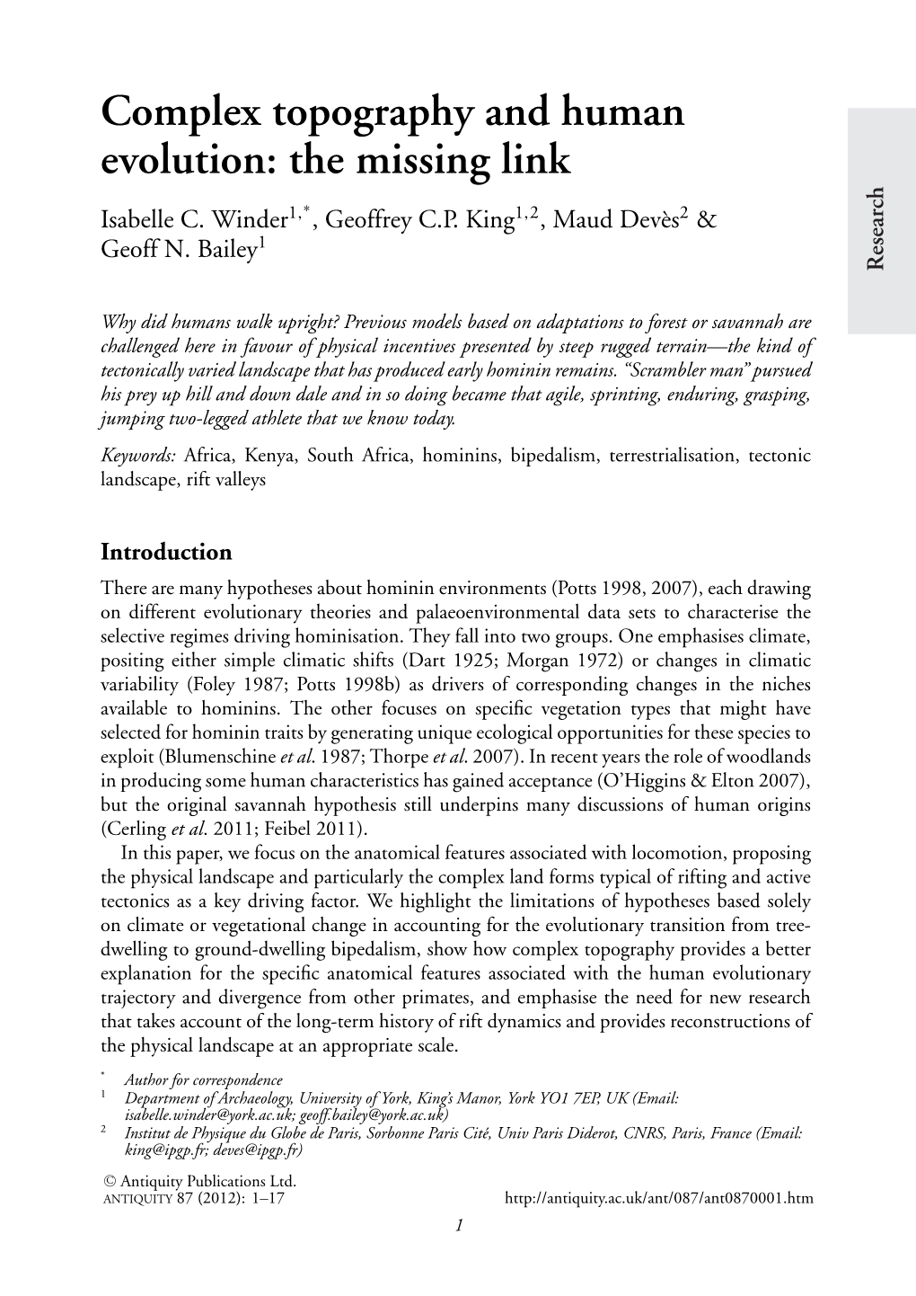 Complex Topography and Human Evolution: the Missing Link