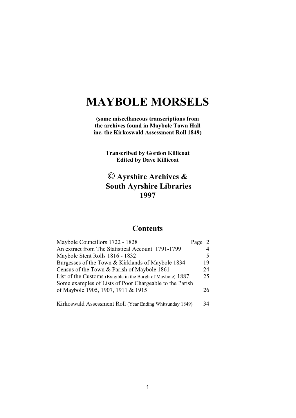 The Stent Rolls Of Maybole 1816 - 32