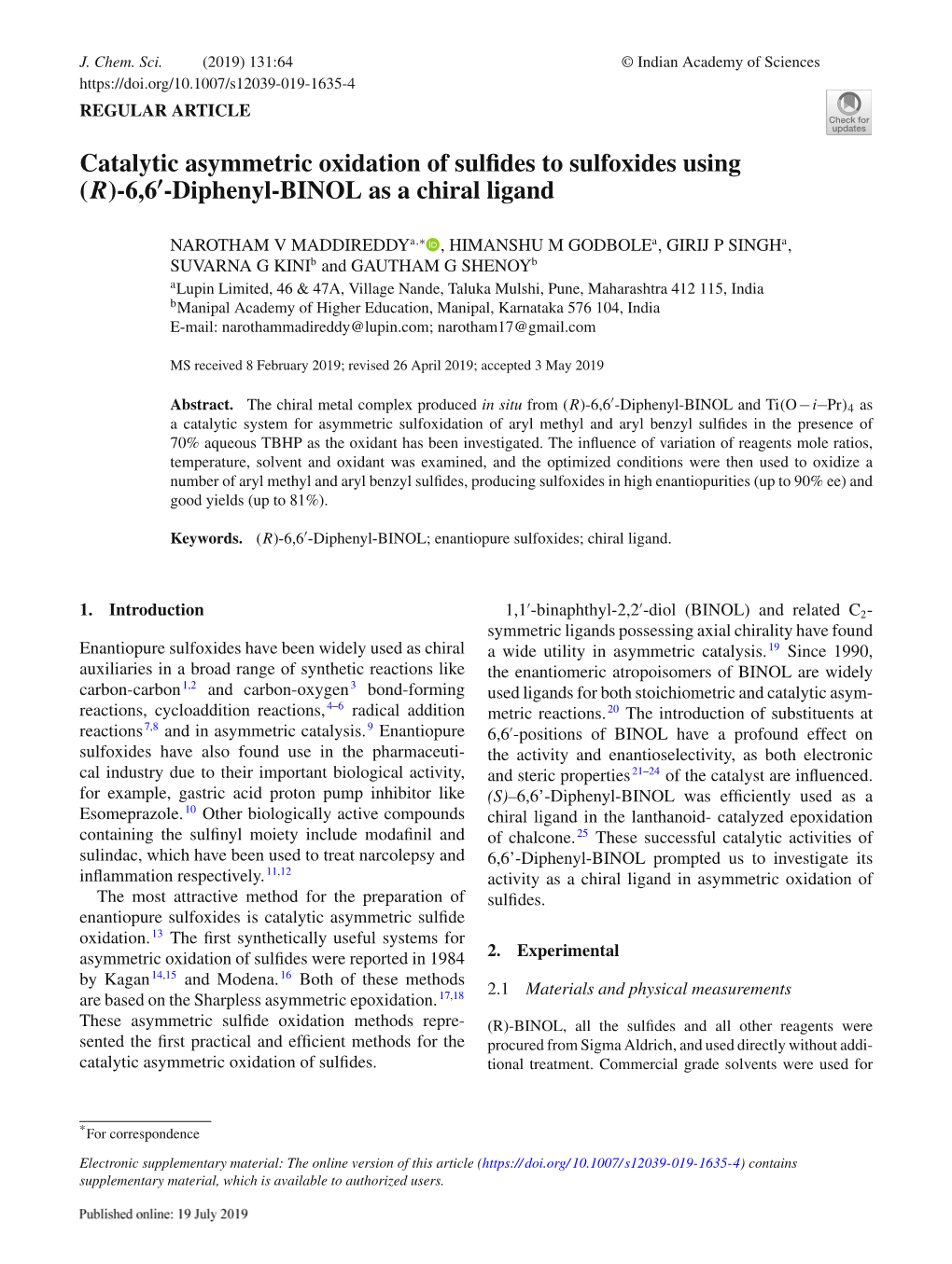 Catalytic Asymmetric Oxidation of Sulfides to Sulfoxides Using (R)-6,6