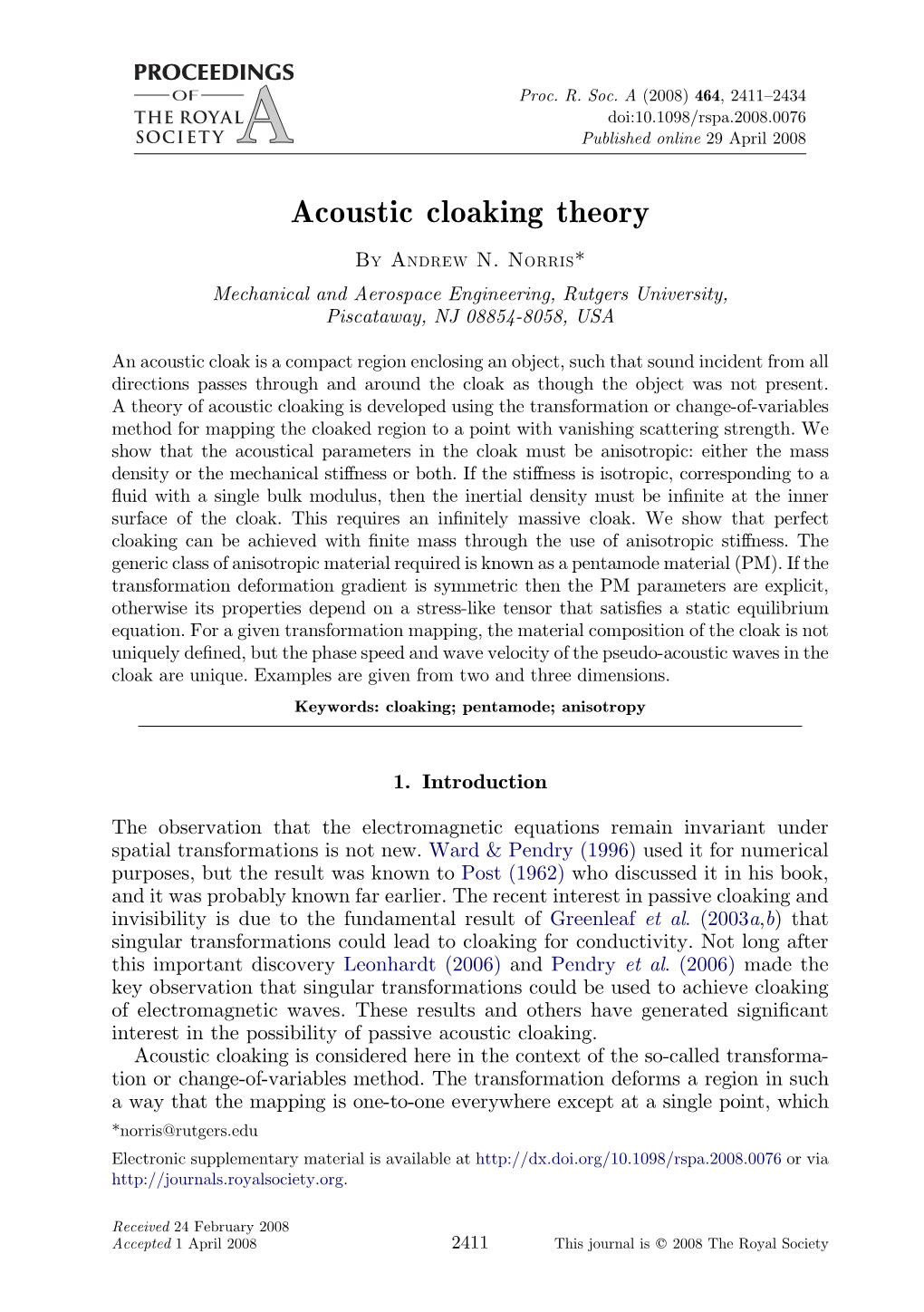 Acoustic Cloaking Theory