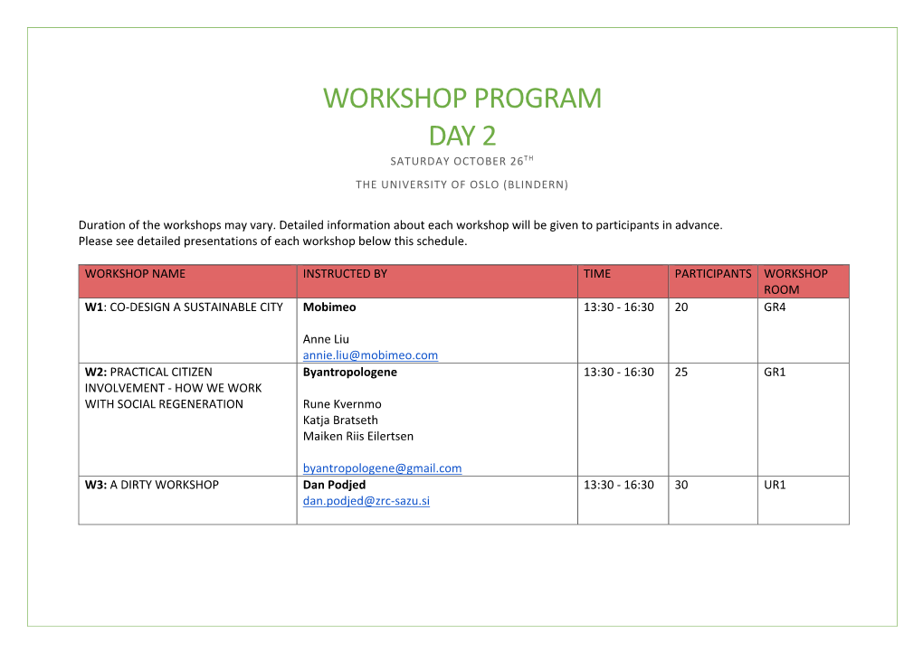 Workshop Program Day 2 Saturday October 26Th the University of Oslo (Blindern)