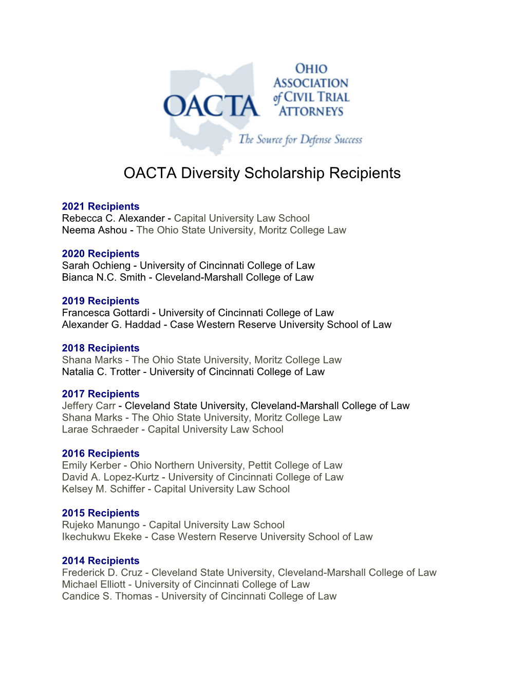 OACTA Diversity Scholarship Recipients