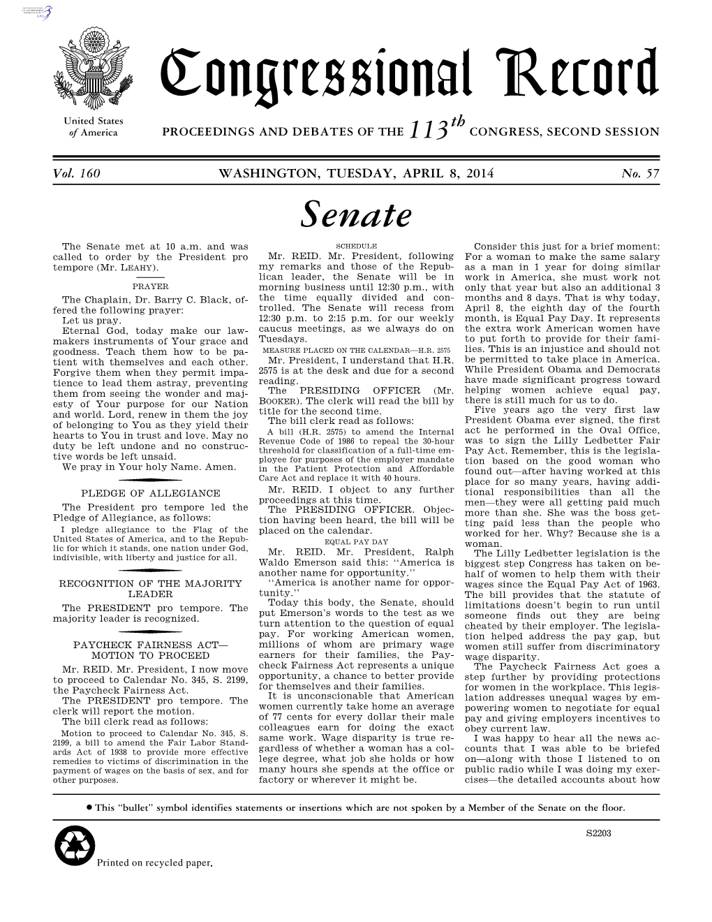 Congressional Record United States Th of America PROCEEDINGS and DEBATES of the 113 CONGRESS, SECOND SESSION