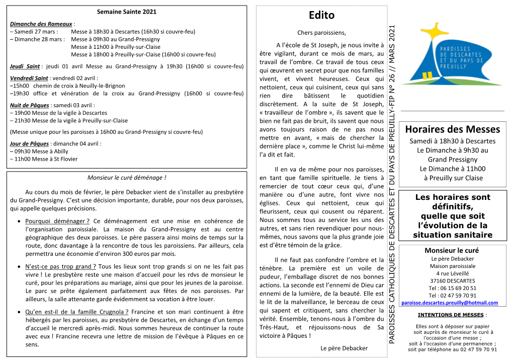 AGENDA DES PAROISSES De DESCARTES Et PAYS DE PREUILLY