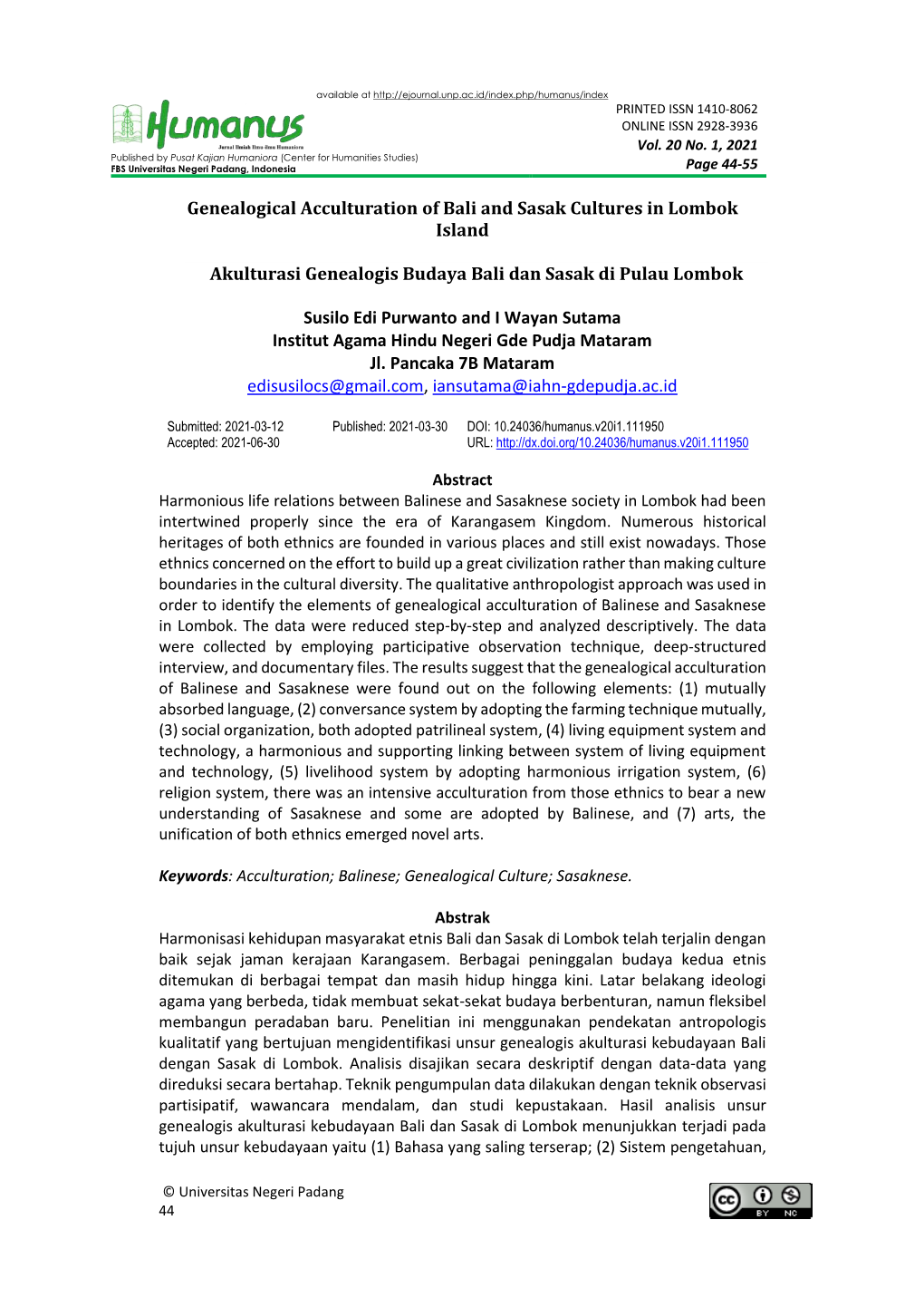 Genealogical Acculturation of Bali and Sasak Cultures in Lombok Island