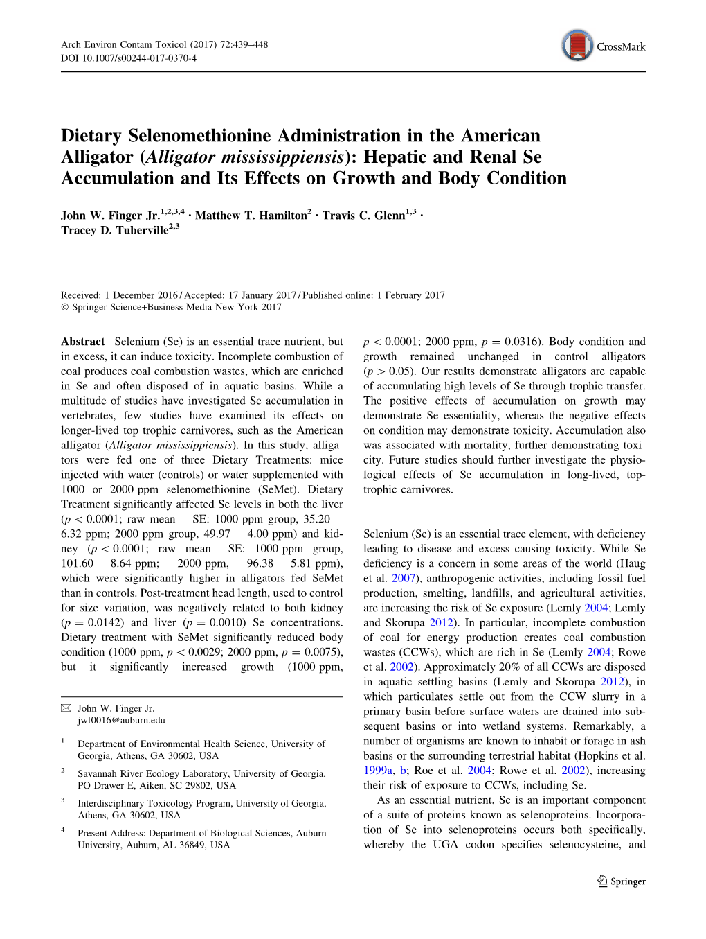 (Alligator Mississippiensis): Hepatic and Renal Se Accumulation and Its Effects on Growth and Body Condition