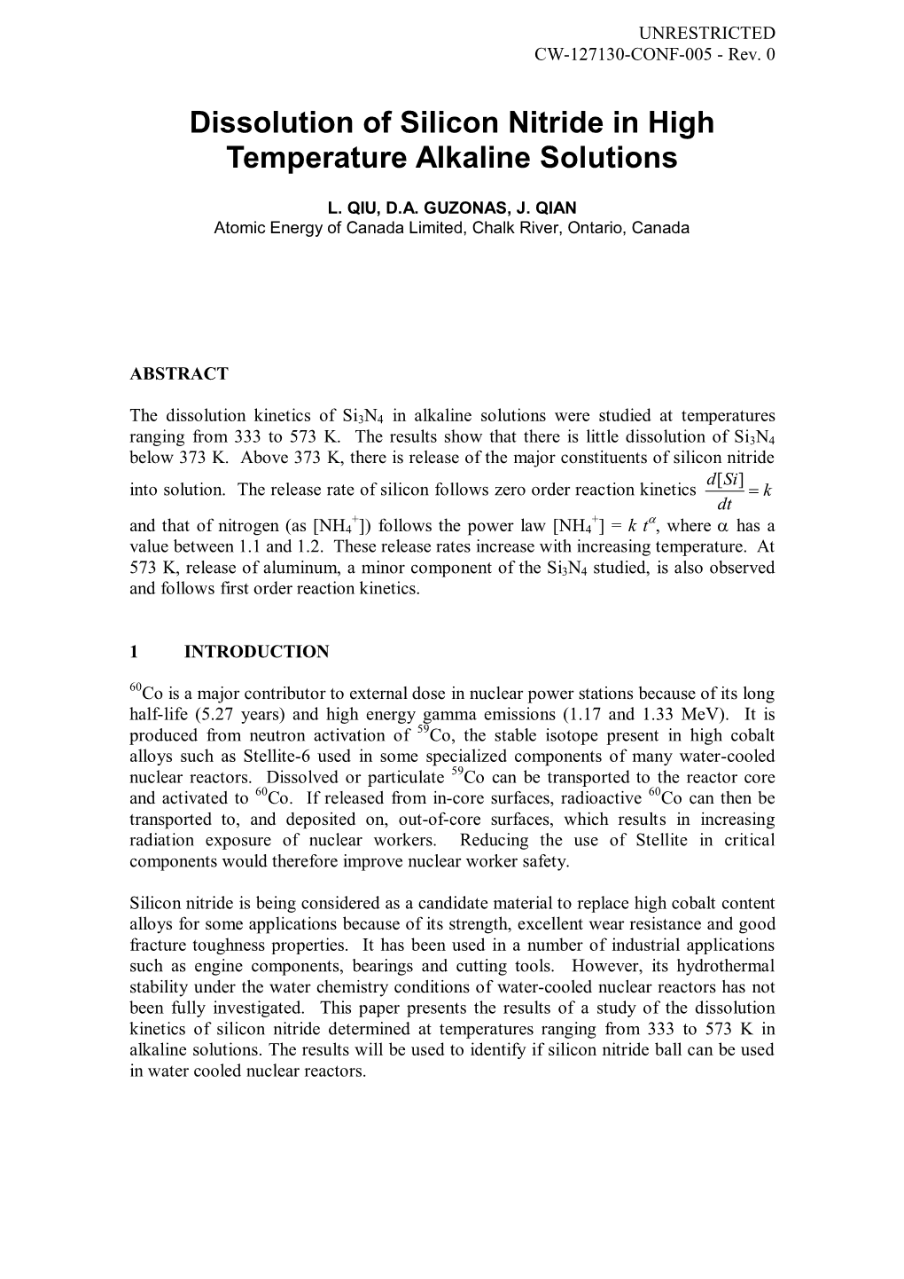 Dissolution of Silicon Nitride in High Temperature Alkaline Solutions