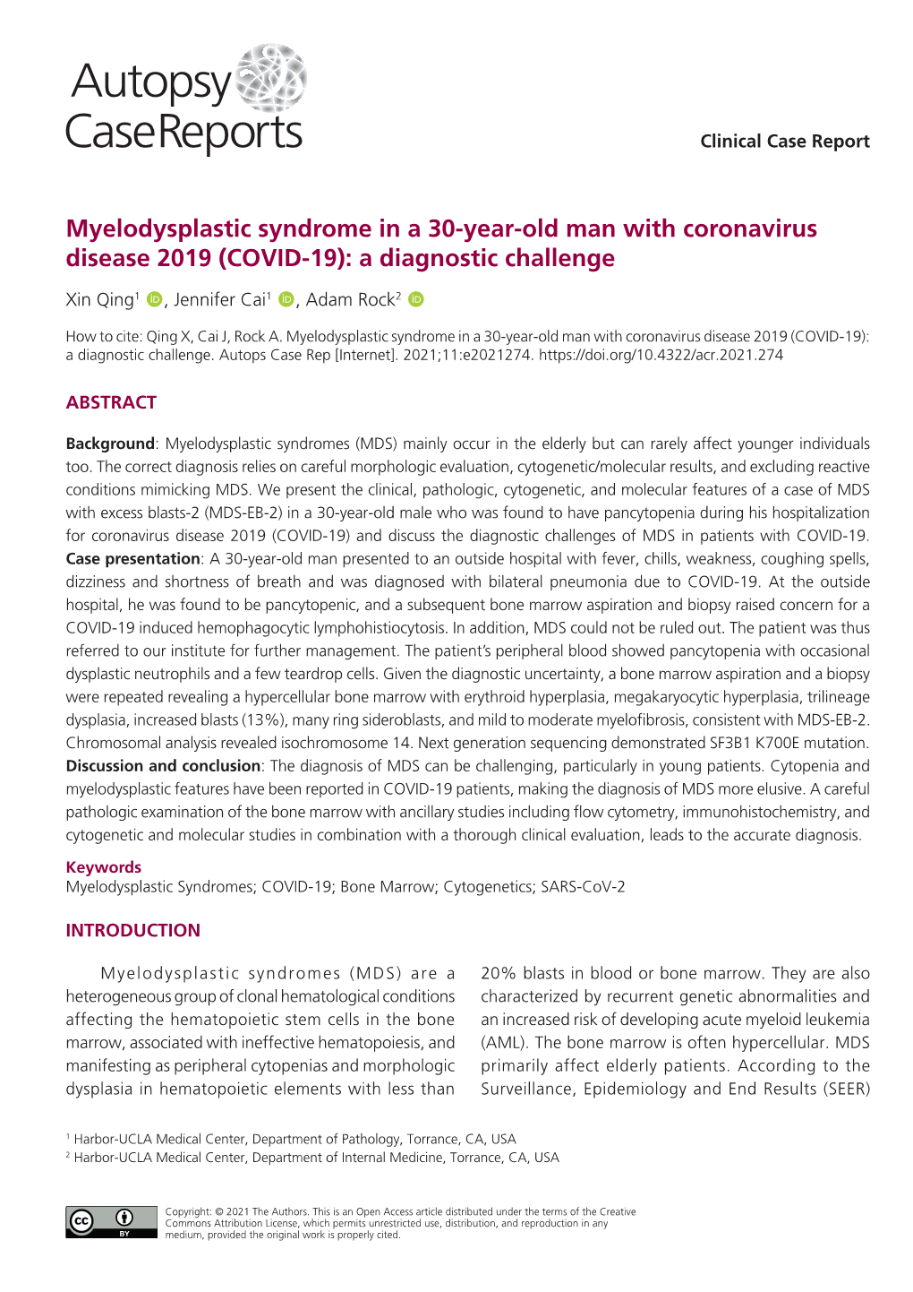 Myelodysplastic Syndrome in a 30-Year-Old Man with Coronavirus Disease 2019 (COVID-19): a Diagnostic Challenge
